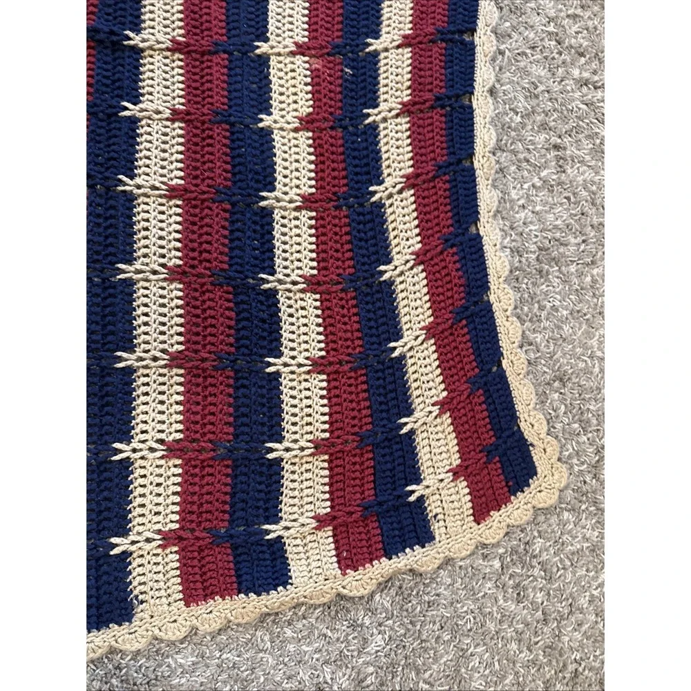 handmade crochet afghan / throw blanket 48x42 Blue Red Cream